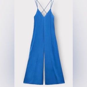 ZARA Wide Leg Satin Jumpsuit - Blue - Size XS